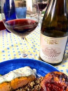 Salmon most often will call for a Pinot Noir. Tonight we choose a Cardwell Hill Cellars Pinot from the Willamette Valley in Oregon.