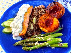 Grilled salmon and peaches is quick. Just brush both with olive oil. Add Grand Marnier and some Allspice to the peaches for added flavor.